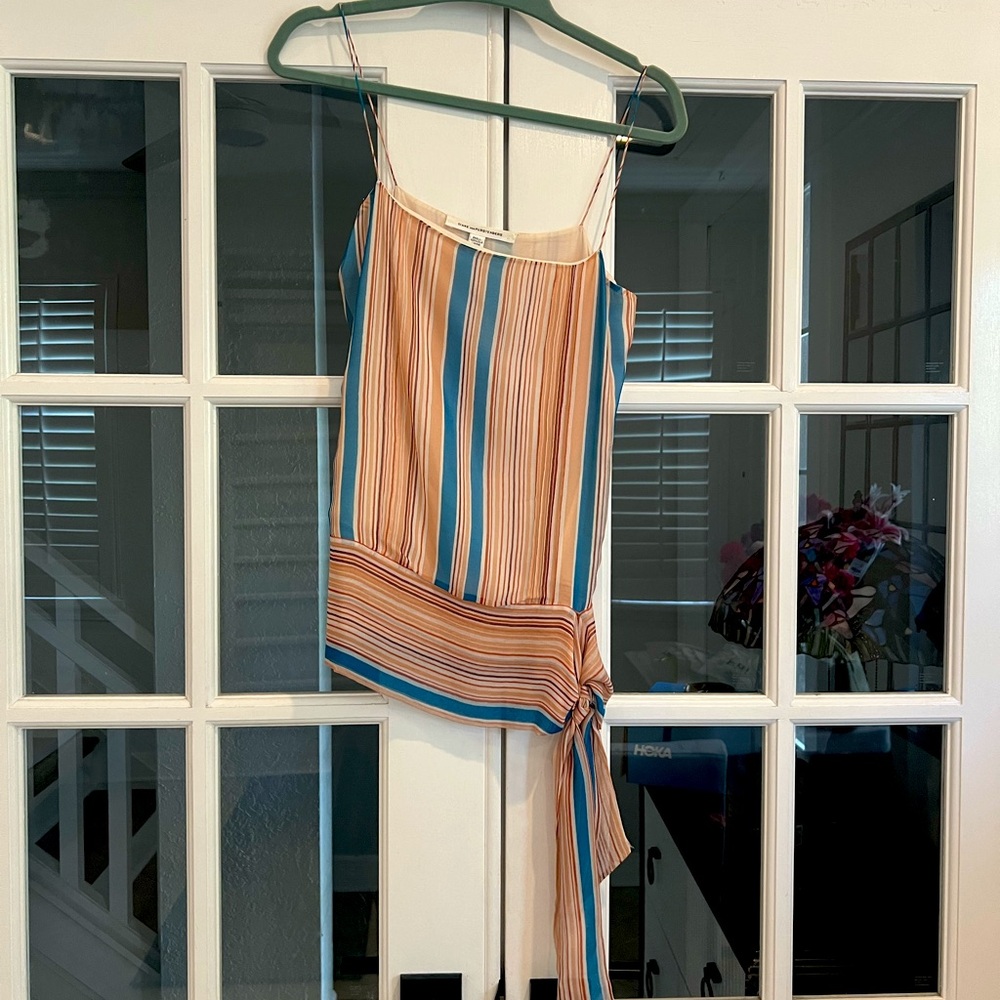 Diane Von Furstenberg Striped Blue and Tan Silk Tie-Waist Cami